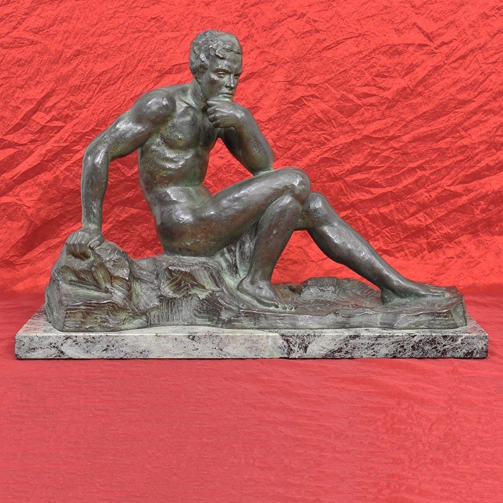 Antique Bronze Statues, Male Figure, Seated Man, 20th Century, Art Deco. (stb79)