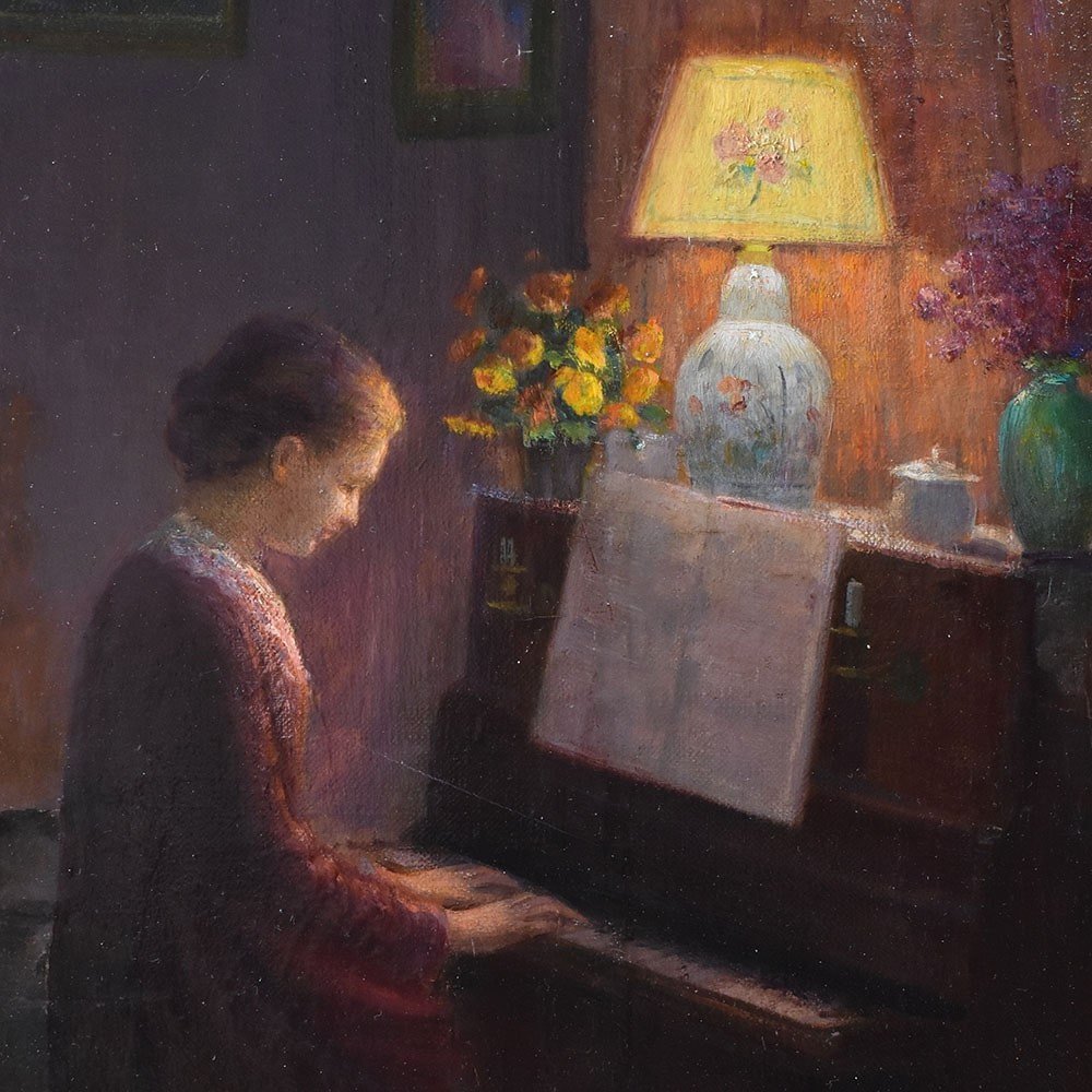 Antique Woman Portrait Painting, Young Woman Playing The Piano, Oil On Canvas, XX. (qr574)-photo-3