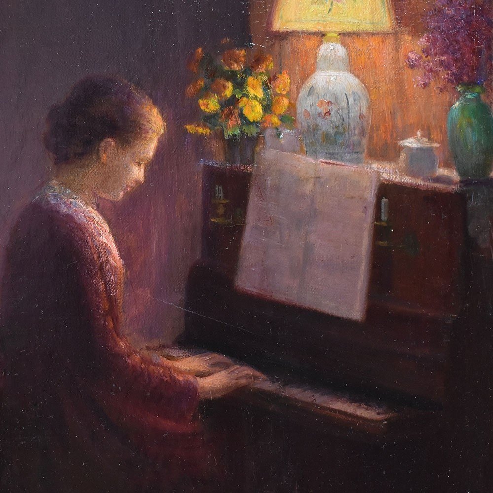 Antique Woman Portrait Painting, Young Woman Playing The Piano, Oil On Canvas, XX. (qr574)-photo-4