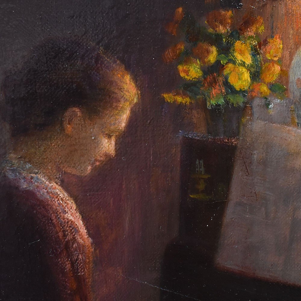 Antique Woman Portrait Painting, Young Woman Playing The Piano, Oil On Canvas, XX. (qr574)-photo-3