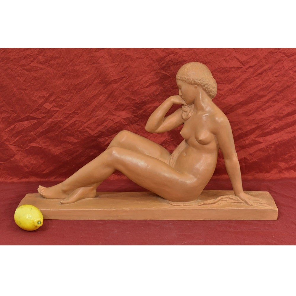 Art Déco Sculpture, Terracotta, Young Woman Nude, Ortis, Amedeo Gennarelli, 20th. (stte82)