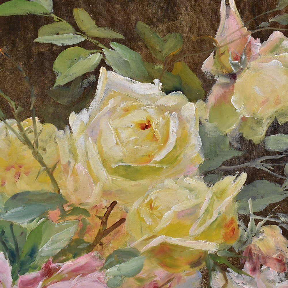 Still Life, Flowers Vase Painting, Roses, Coppenolle, Antique Oil Painting, XIX . (qf573)-photo-4
