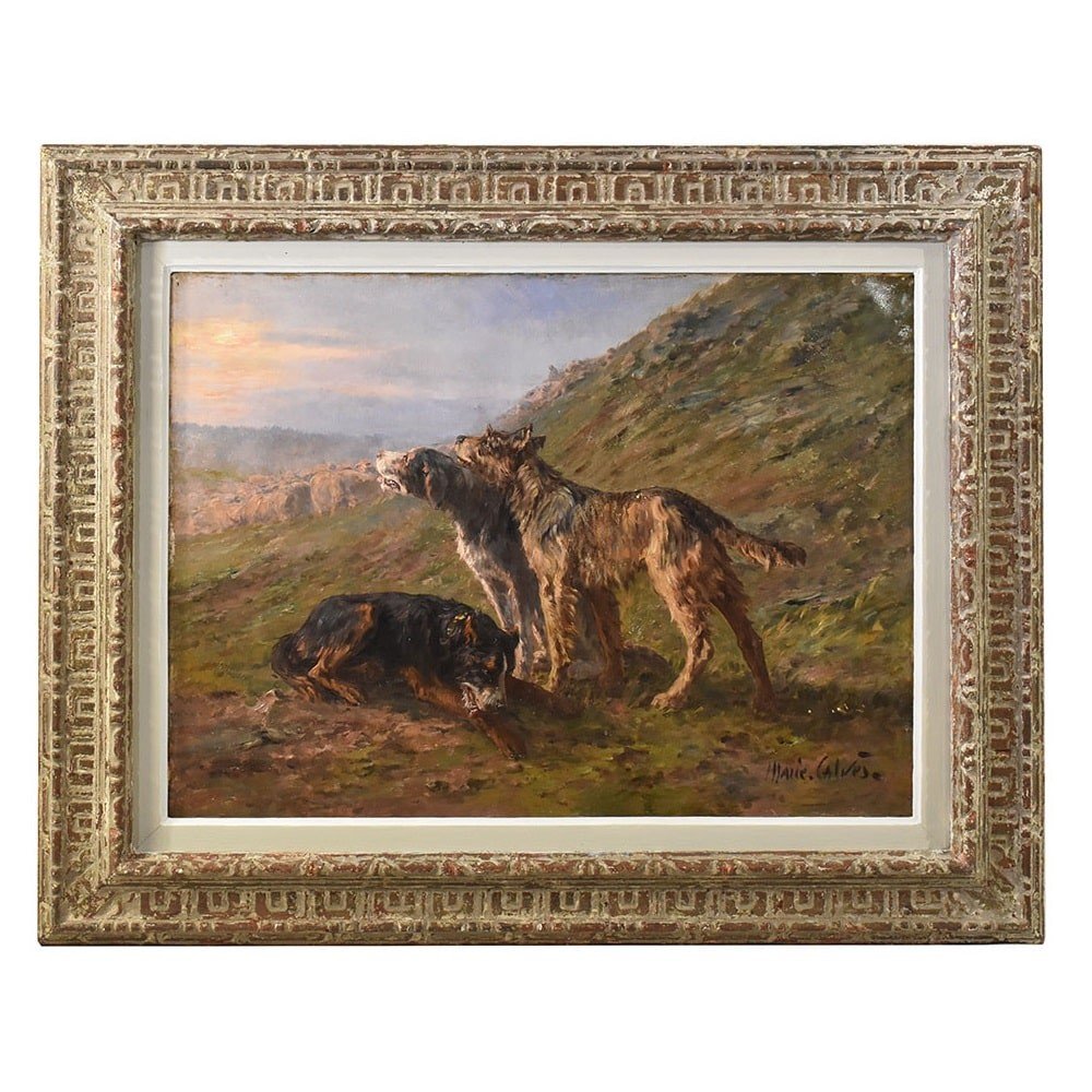 Dogs Portrait Painting, Shepherd Dogs, Oil Painting On Canvas, Early 20th Century. (qa585)