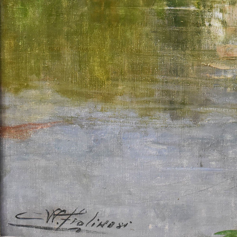 Landscape Painting With River, Antique Oil Landscape Painting, Oil On Canvas, XX. (qp586)-photo-4