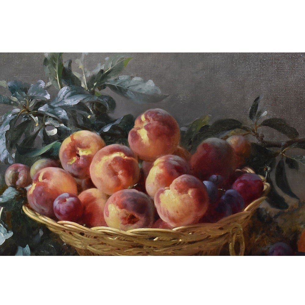 Still Life Oil Painting With Fruit, Peaches And Plums, Oil On Canvas, Antique Painting.(qnm590)-photo-3