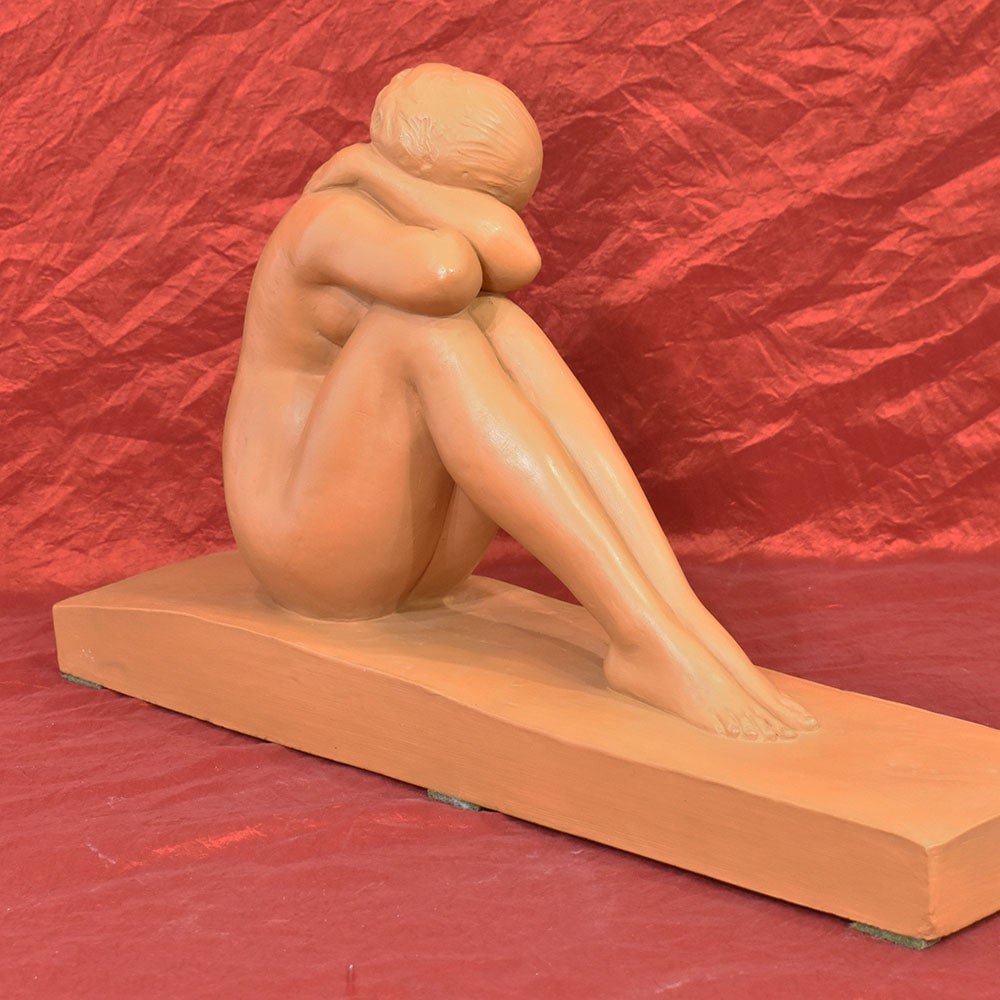 Art Déco Sculpture, Terracotta, Crouching Young Woman, Amedeo Gennarelli, 20th Century.(stte86)-photo-3