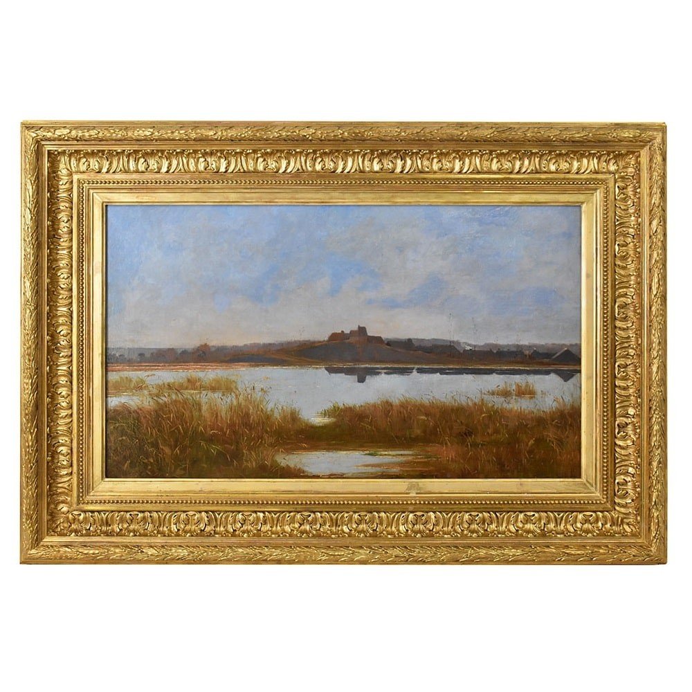 Antique Painting, River Landscape With Village, Nature Painting, XIX Century. (qp591)