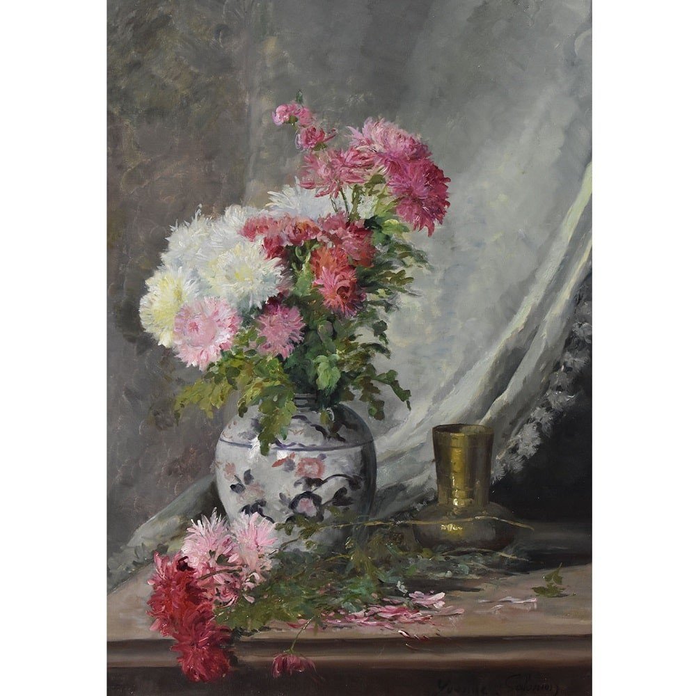 Antique Flower Painting, Chrysanthemums Flowers, Oil On Canvas, 19th Century. (qf596)-photo-2