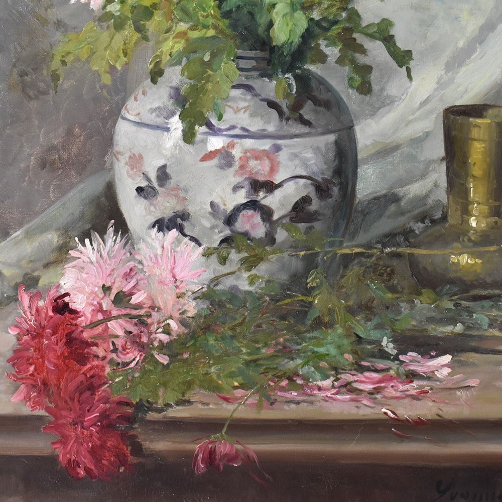 Antique Flower Painting, Chrysanthemums Flowers, Oil On Canvas, 19th Century. (qf596)-photo-3