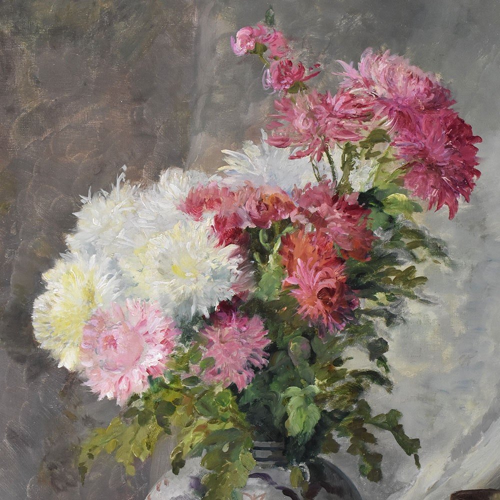 Antique Flower Painting, Chrysanthemums Flowers, Oil On Canvas, 19th Century. (qf596)-photo-4