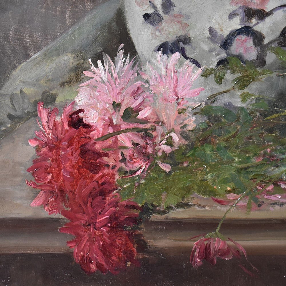 Antique Flower Painting, Chrysanthemums Flowers, Oil On Canvas, 19th Century. (qf596)-photo-2