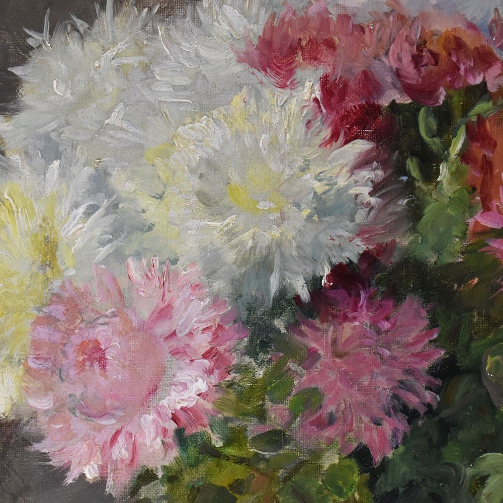 Antique Flower Painting, Chrysanthemums Flowers, Oil On Canvas, 19th Century. (qf596)-photo-3