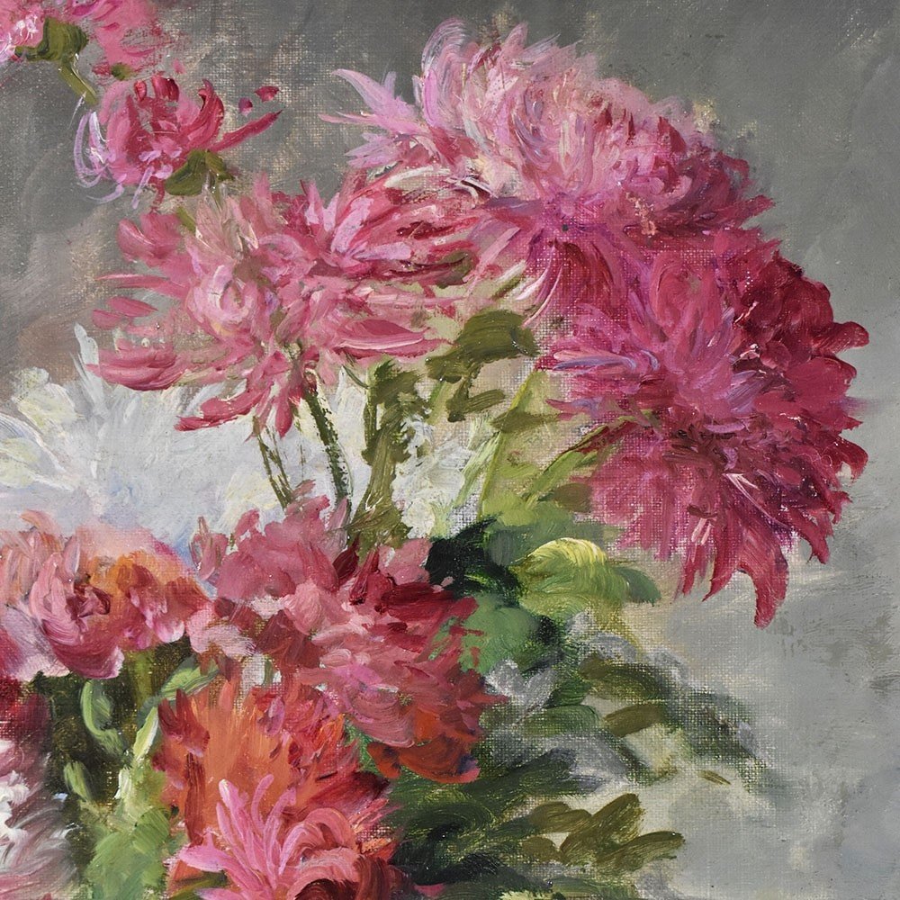 Antique Flower Painting, Chrysanthemums Flowers, Oil On Canvas, 19th Century. (qf596)-photo-4