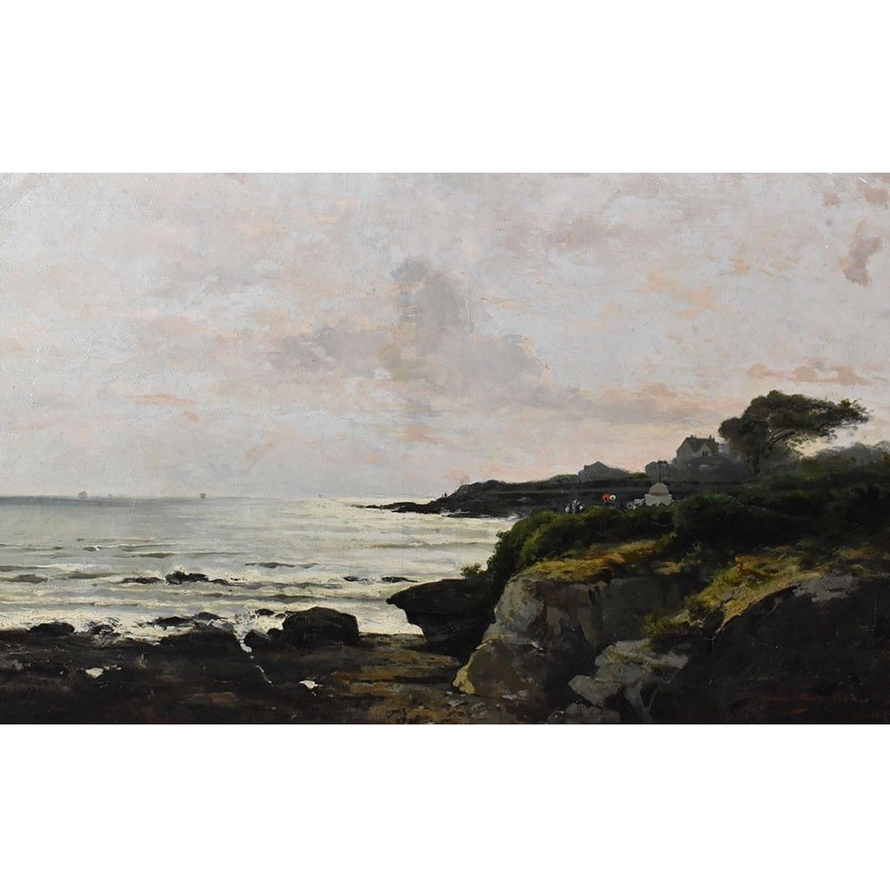 Antique Landscape Oil Painting, Seascape With Coast And Sea, Nature Painting, XIX. (qp605)-photo-2