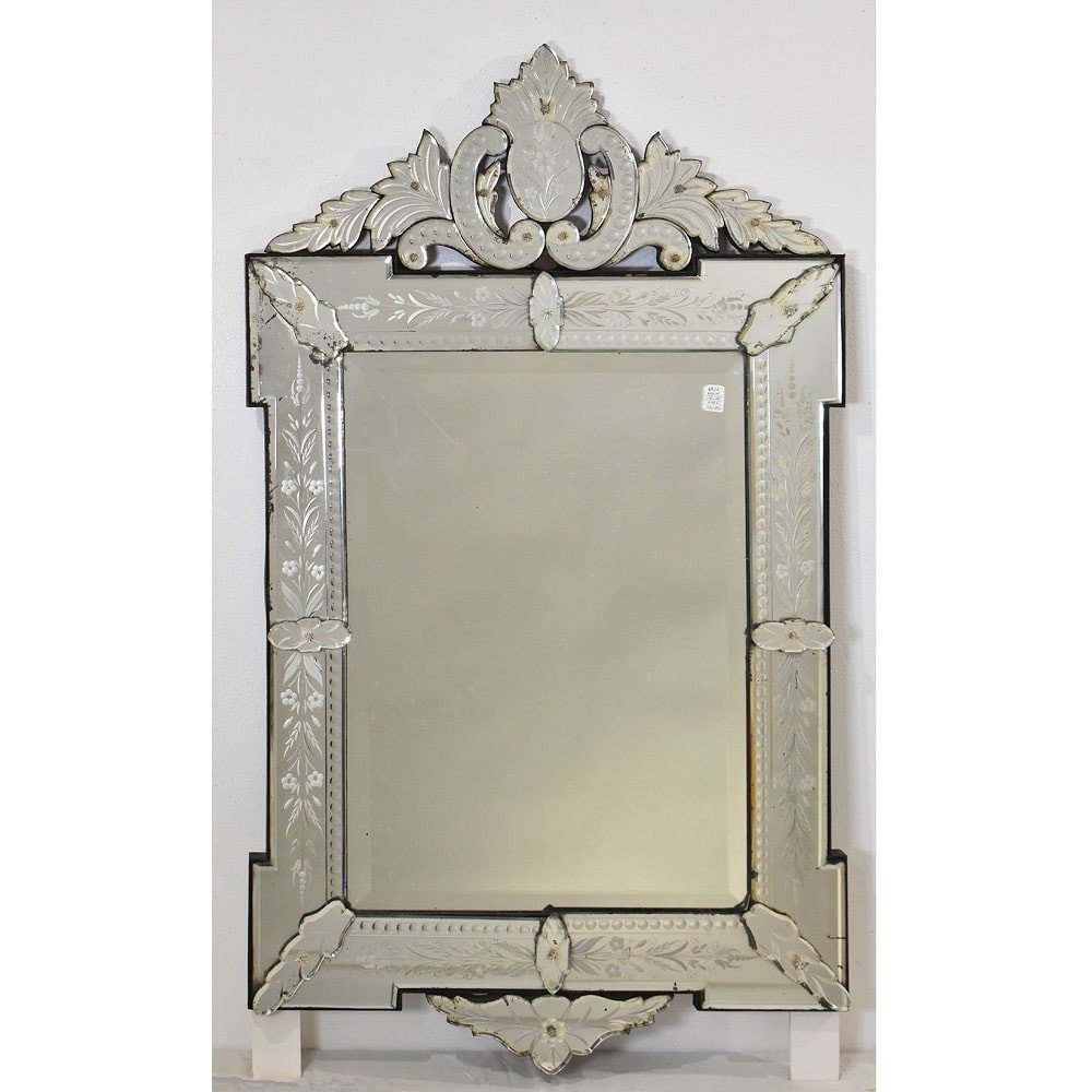 Antique Venetian Mirror, Glass Frame Beveled, Glass With Engraved Flowers, Early XX. (spv190)-photo-2