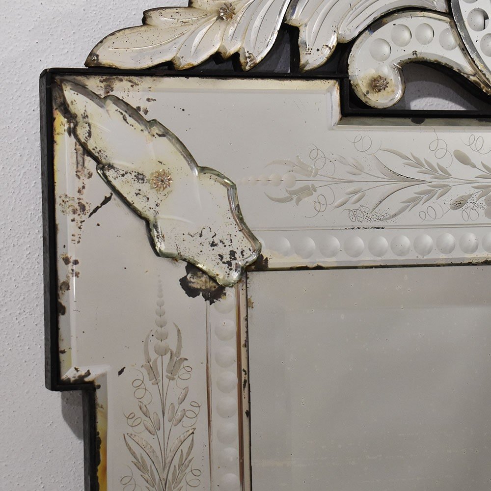 Antique Venetian Mirror, Glass Frame Beveled, Glass With Engraved Flowers, Early XX. (spv190)-photo-4