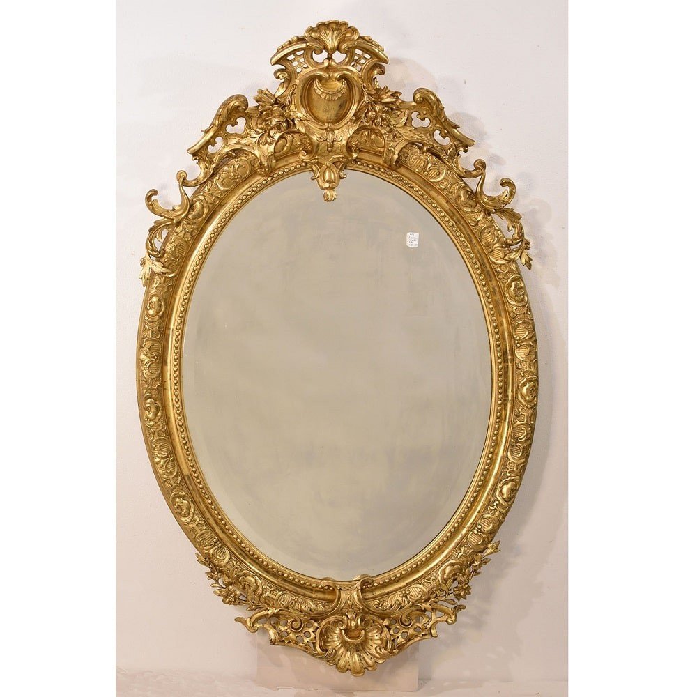 Miroir Ancien Oval Biseauté, Fleurs Et Volutes, Miroir Doré Ancien, XIXè Siècle. (SPO179)-photo-2