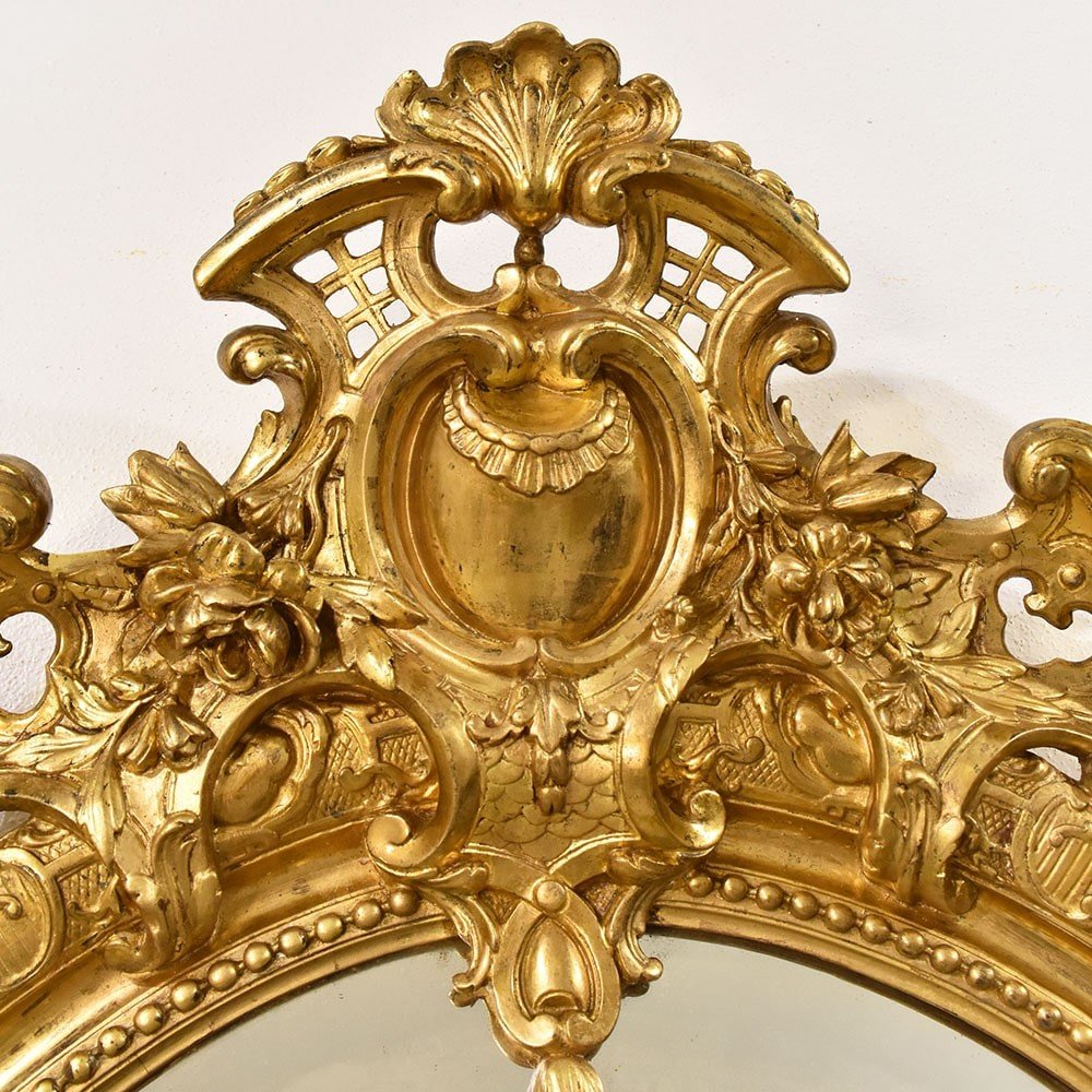 Miroir Ancien Oval Biseauté, Fleurs Et Volutes, Miroir Doré Ancien, XIXè Siècle. (SPO179)-photo-1