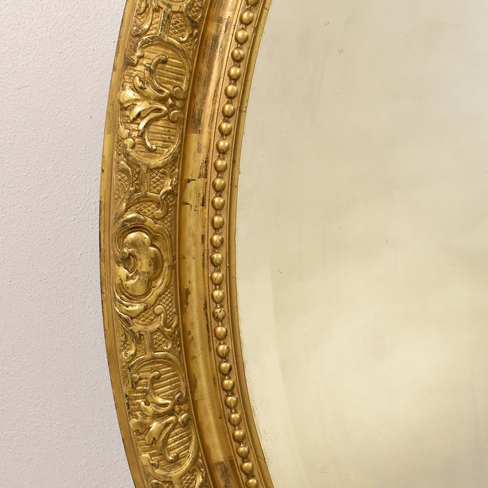 Miroir Ancien Oval Biseauté, Fleurs Et Volutes, Miroir Doré Ancien, XIXè Siècle. (SPO179)-photo-2