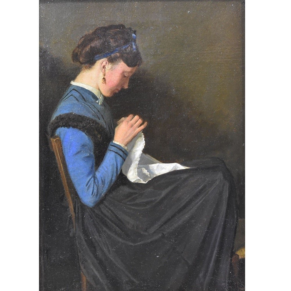 Antique Woman Portrait Painting, Young Woman Sewing, Oil On Canvas, XIX Century. (qr609) -photo-2