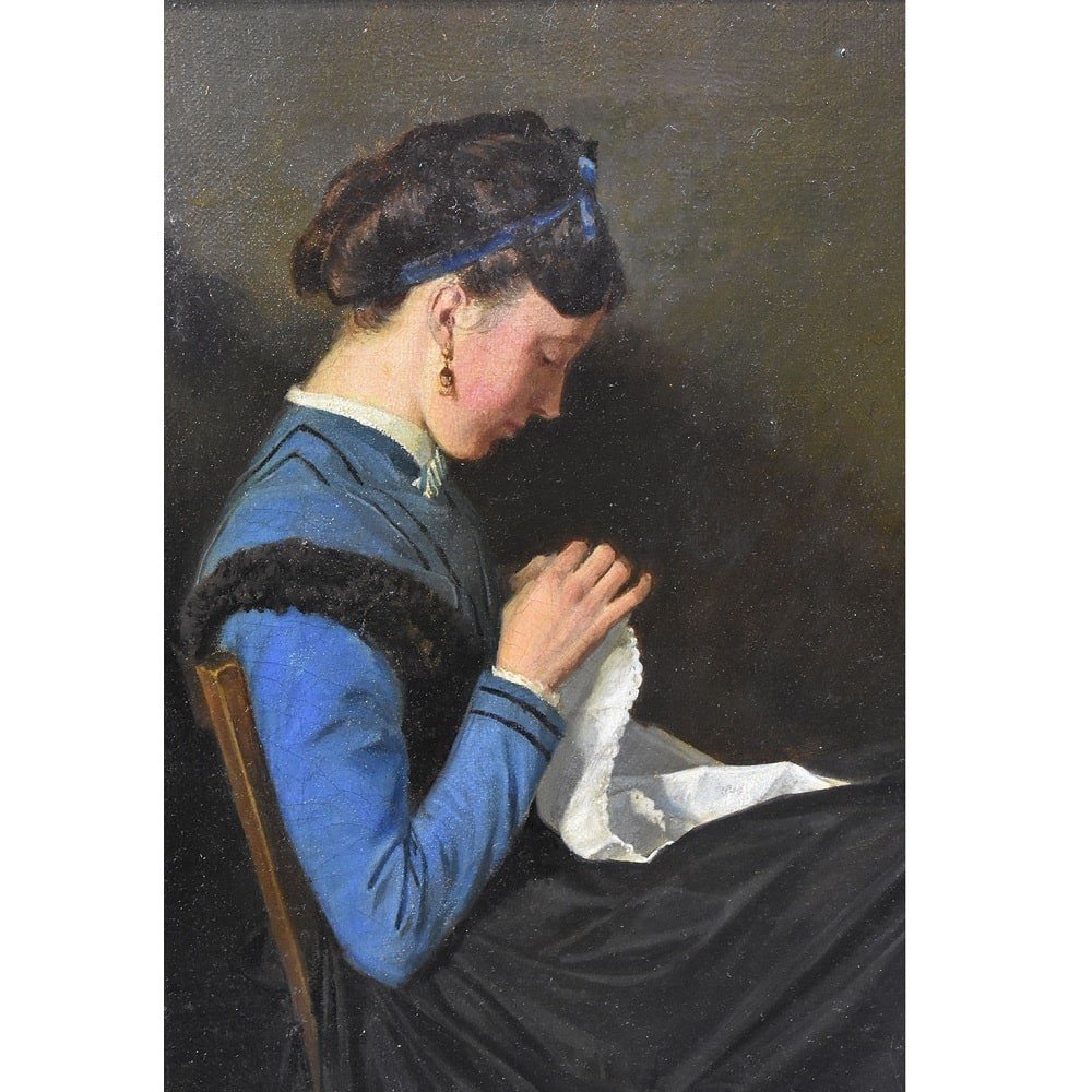 Antique Woman Portrait Painting, Young Woman Sewing, Oil On Canvas, XIX Century. (qr609) -photo-3