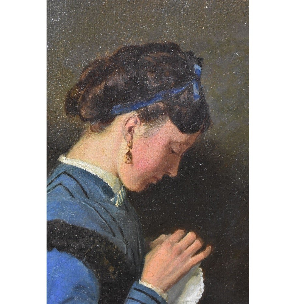 Antique Woman Portrait Painting, Young Woman Sewing, Oil On Canvas, XIX Century. (qr609) -photo-4