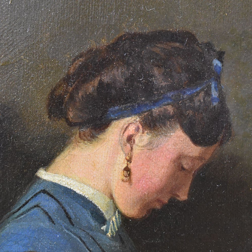 Antique Woman Portrait Painting, Young Woman Sewing, Oil On Canvas, XIX Century. (qr609) -photo-1