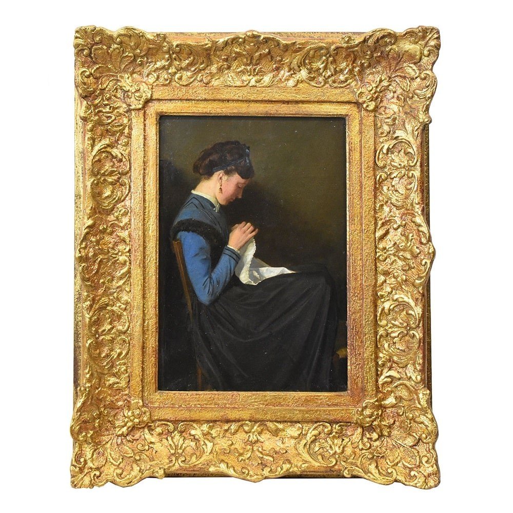 Antique Woman Portrait Painting, Young Woman Sewing, Oil On Canvas, XIX Century. (qr609) 