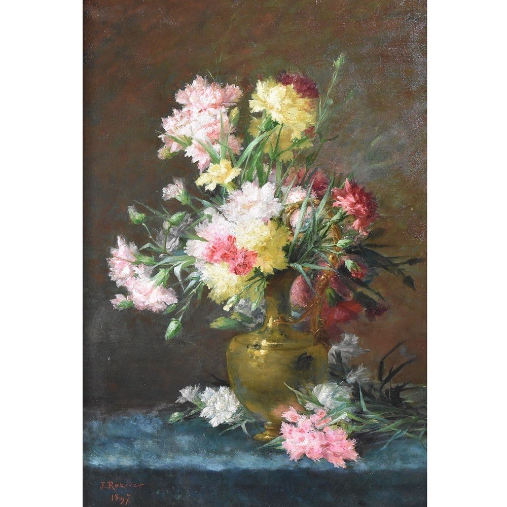 Antique Flower Painting, Carnations Flowers, Oil On Canvas, Late 19th Century. (qf615)-photo-2