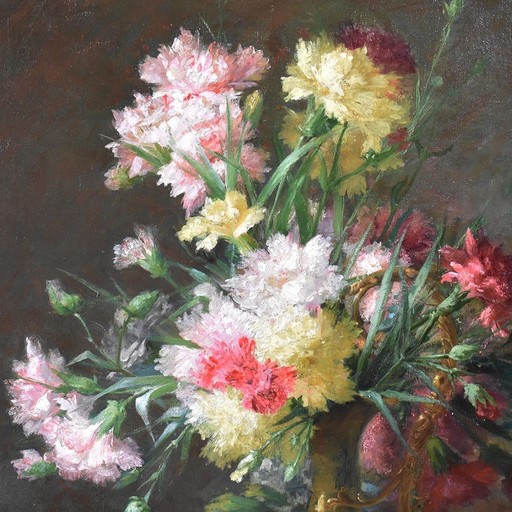 Antique Flower Painting, Carnations Flowers, Oil On Canvas, Late 19th Century. (qf615)-photo-3