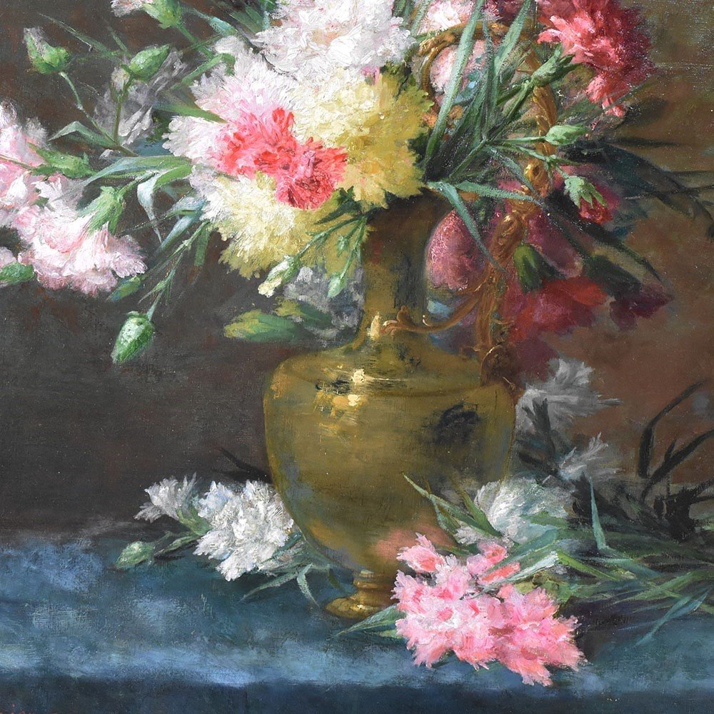 Antique Flower Painting, Carnations Flowers, Oil On Canvas, Late 19th Century. (qf615)-photo-4