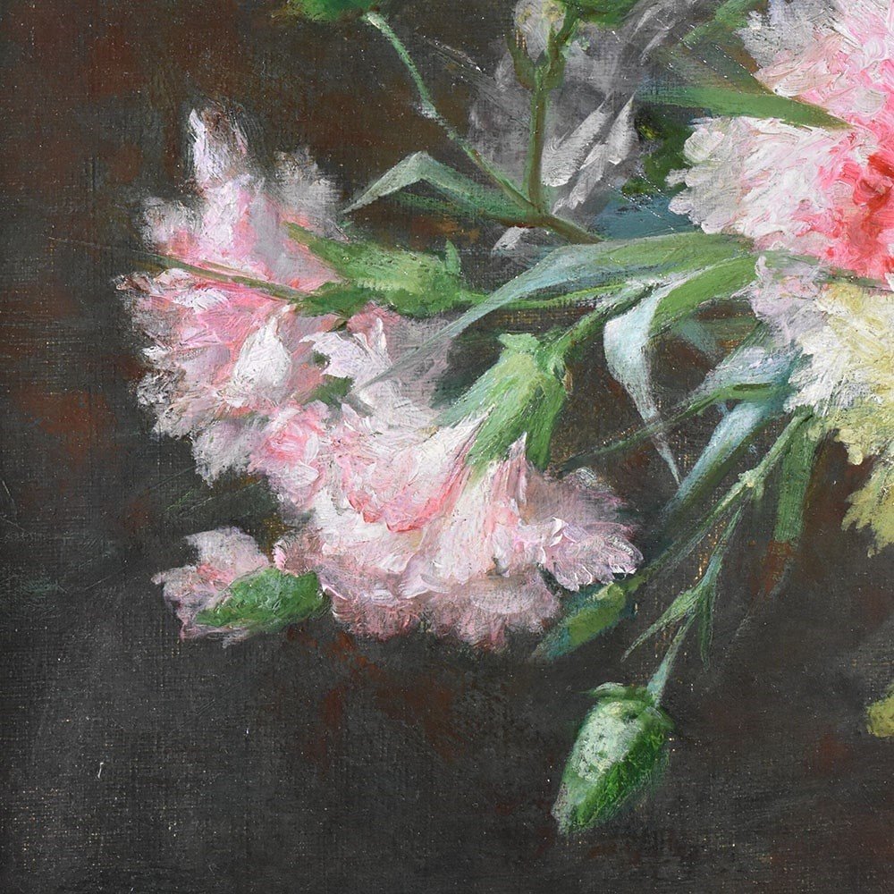 Antique Flower Painting, Carnations Flowers, Oil On Canvas, Late 19th Century. (qf615)-photo-1