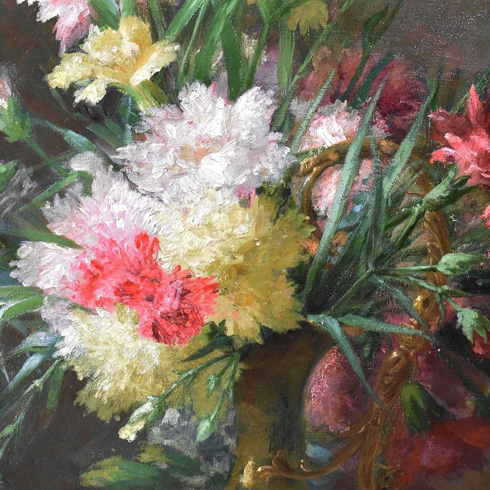 Antique Flower Painting, Carnations Flowers, Oil On Canvas, Late 19th Century. (qf615)-photo-2