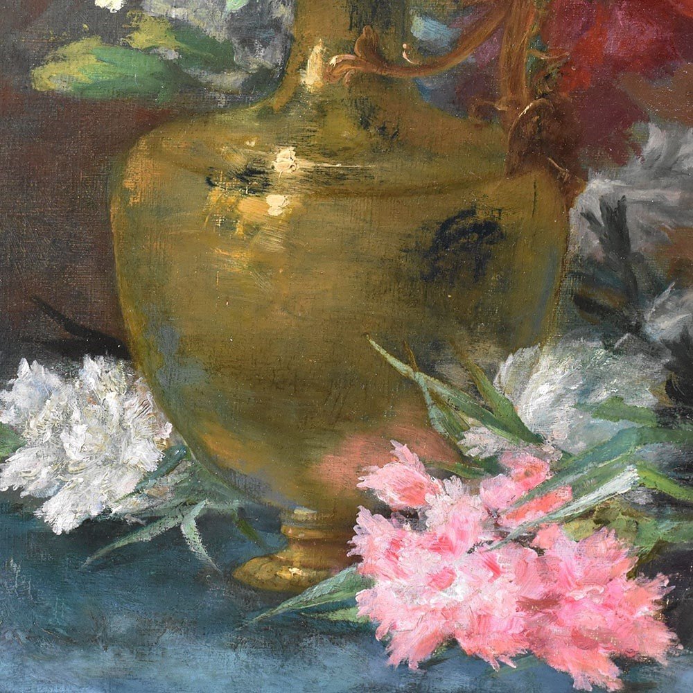 Antique Flower Painting, Carnations Flowers, Oil On Canvas, Late 19th Century. (qf615)-photo-3