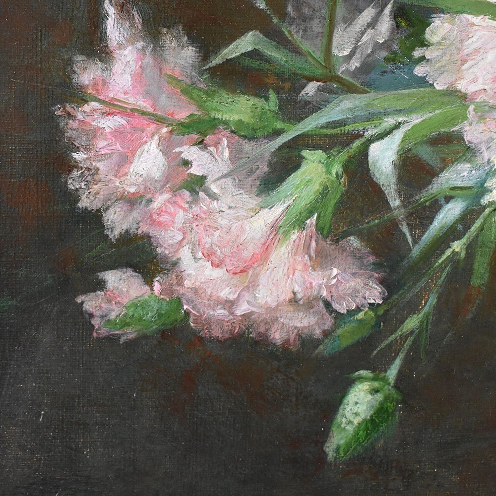 Antique Flower Painting, Carnations Flowers, Oil On Canvas, Late 19th Century. (qf615)-photo-4