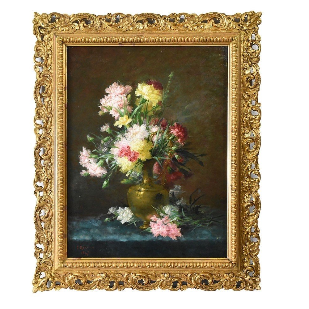 Antique Flower Painting, Carnations Flowers, Oil On Canvas, Late 19th Century. (qf615)