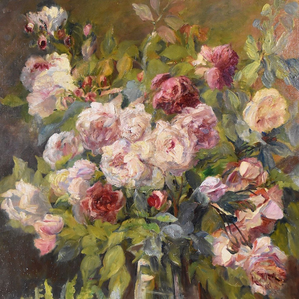 Antique Still Life Oil Painting, Roses Flowers Painting, Oil On Canvas, Late XIX. (qf612)-photo-3