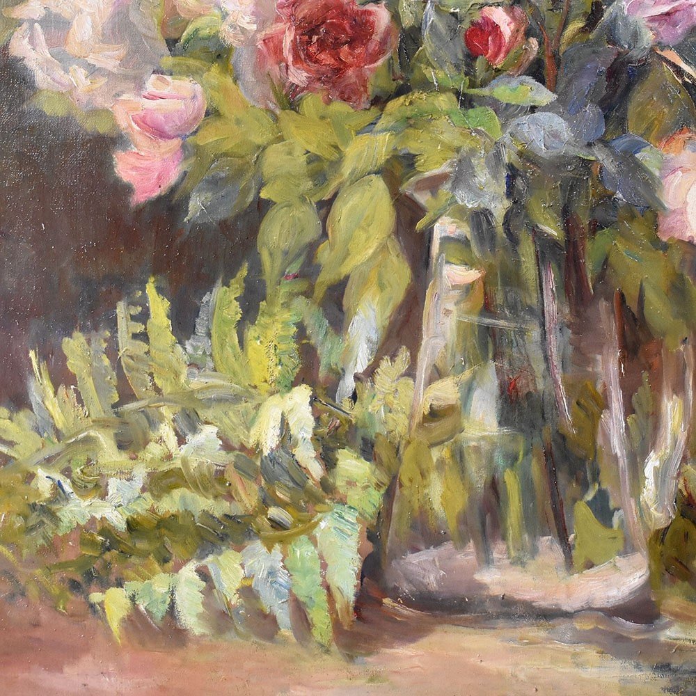 Antique Still Life Oil Painting, Roses Flowers Painting, Oil On Canvas, Late XIX. (qf612)-photo-4