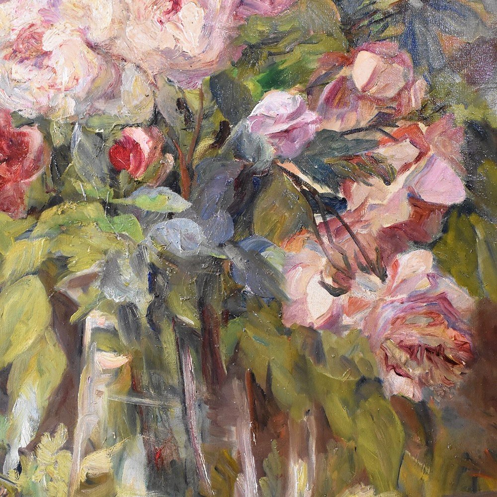 Antique Still Life Oil Painting, Roses Flowers Painting, Oil On Canvas, Late XIX. (qf612)-photo-1