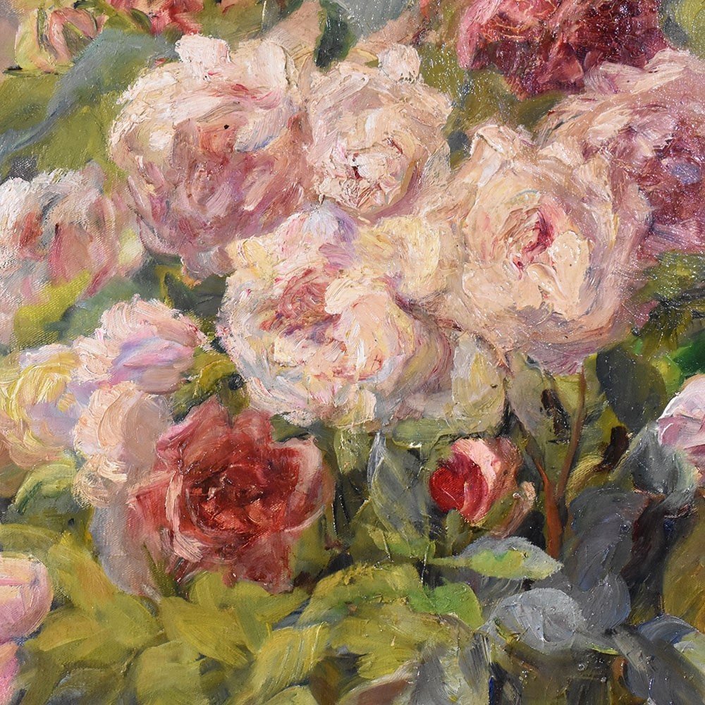 Antique Still Life Oil Painting, Roses Flowers Painting, Oil On Canvas, Late XIX. (qf612)-photo-2