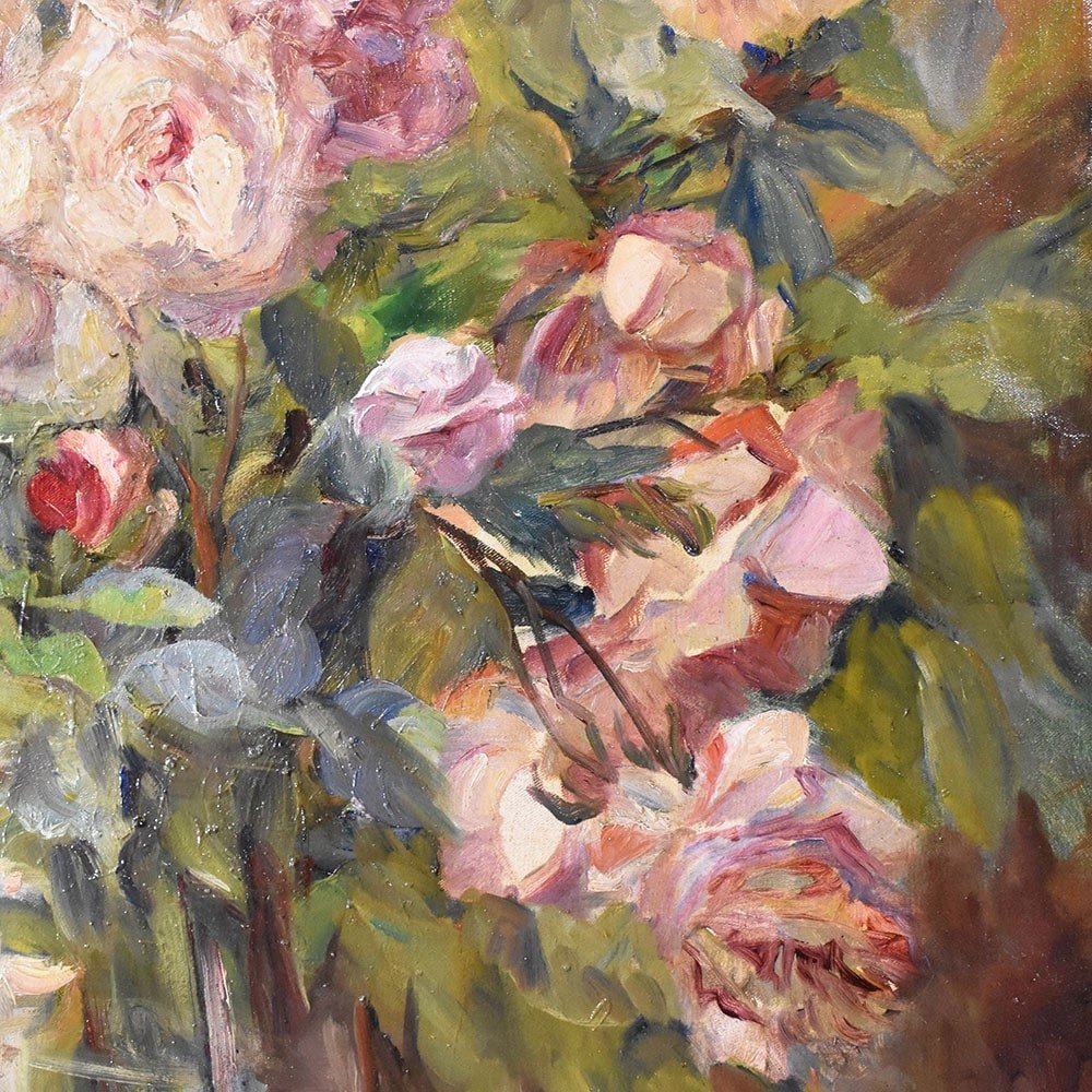 Antique Still Life Oil Painting, Roses Flowers Painting, Oil On Canvas, Late XIX. (qf612)-photo-3