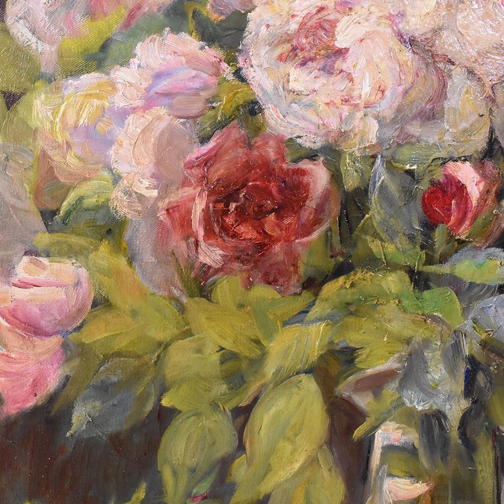 Antique Still Life Oil Painting, Roses Flowers Painting, Oil On Canvas, Late XIX. (qf612)-photo-5