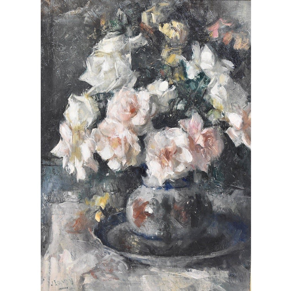 Art Deco Still Life Painting, Flowers Vase Painting, Roses, Oil On Canvas,  XX. (qf614)-photo-2