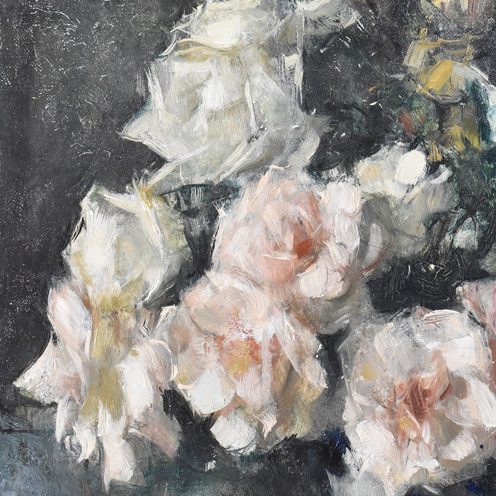 Art Deco Still Life Painting, Flowers Vase Painting, Roses, Oil On Canvas,  XX. (qf614)-photo-3