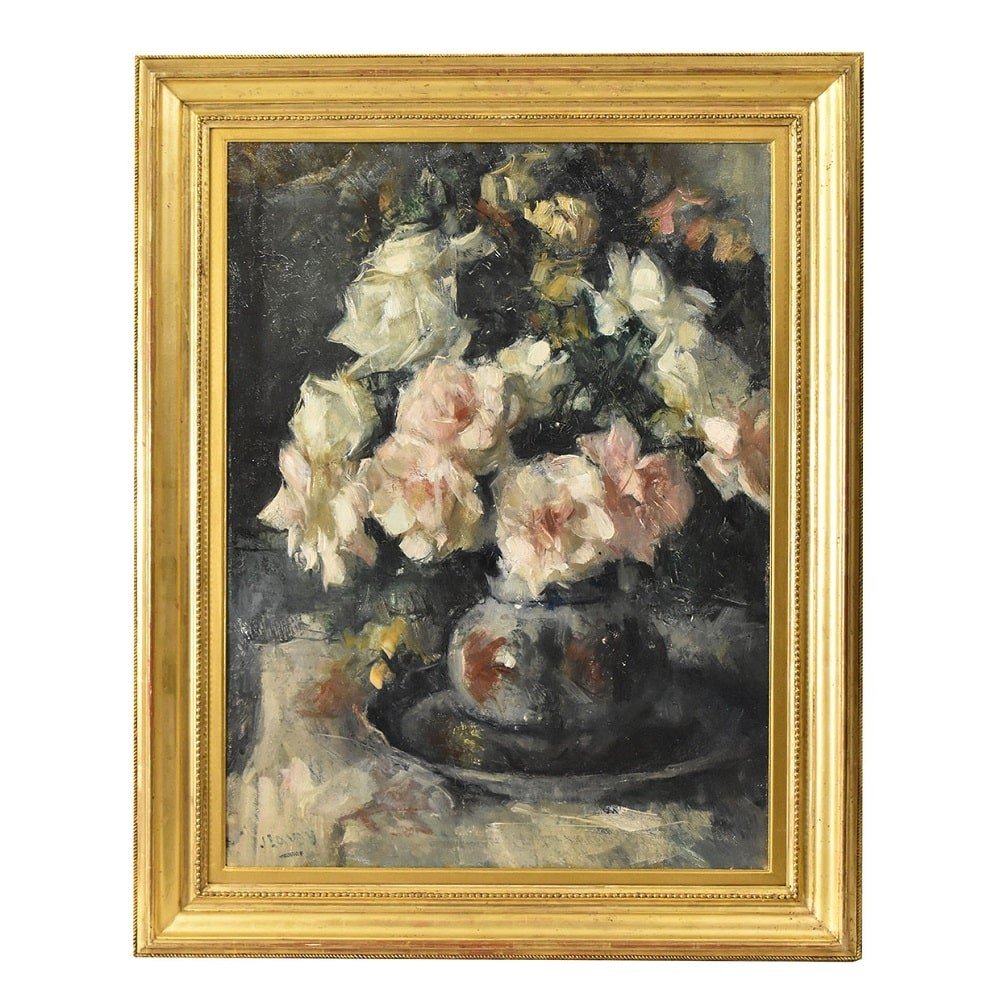 Art Deco Still Life Painting, Flowers Vase Painting, Roses, Oil On Canvas,  XX. (qf614)