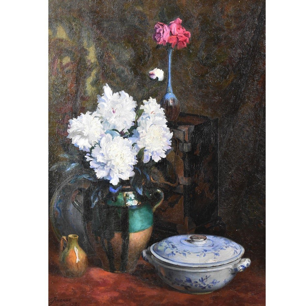 Antique Painting With Flowers, Art Deco, White Peonies, Still Life Oil Painting, XX . (qf619)-photo-2