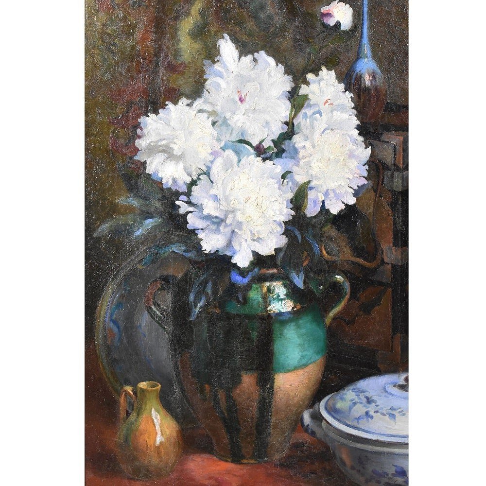 Antique Painting With Flowers, Art Deco, White Peonies, Still Life Oil Painting, XX . (qf619)-photo-3