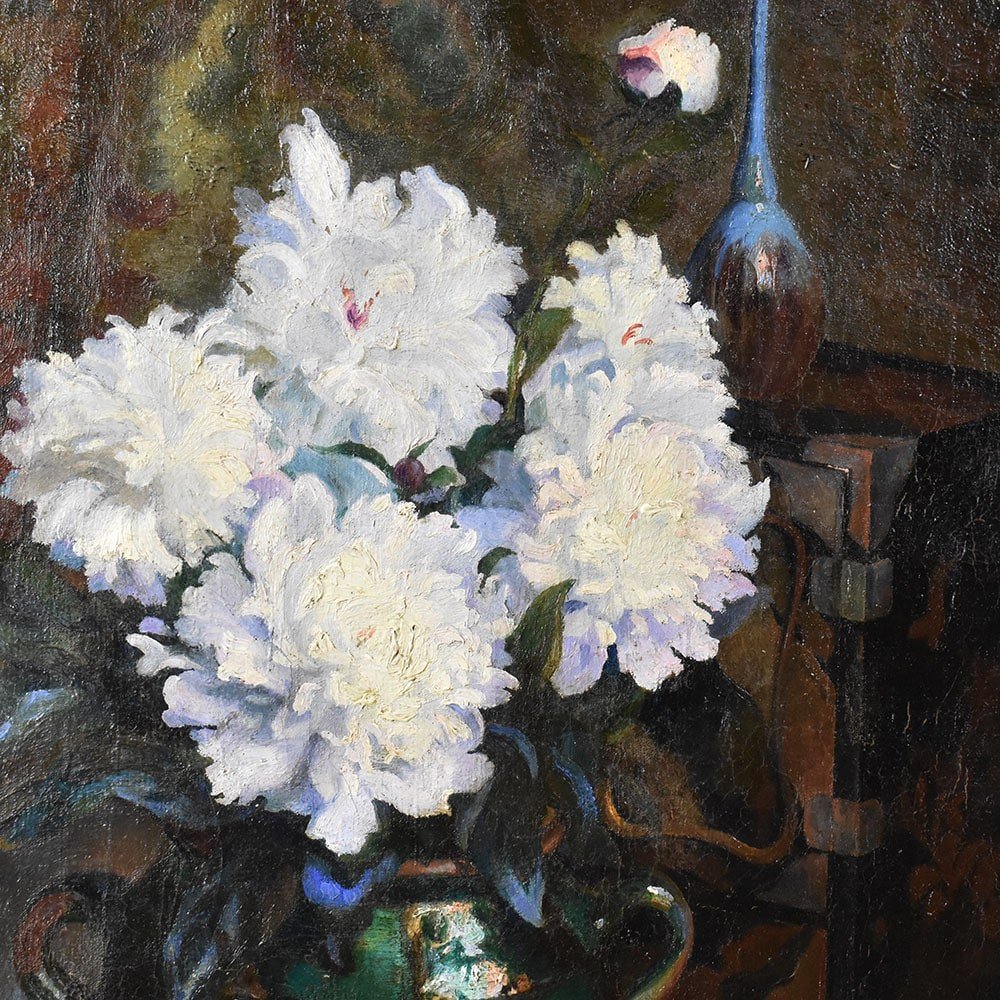 Antique Painting With Flowers, Art Deco, White Peonies, Still Life Oil Painting, XX . (qf619)-photo-3