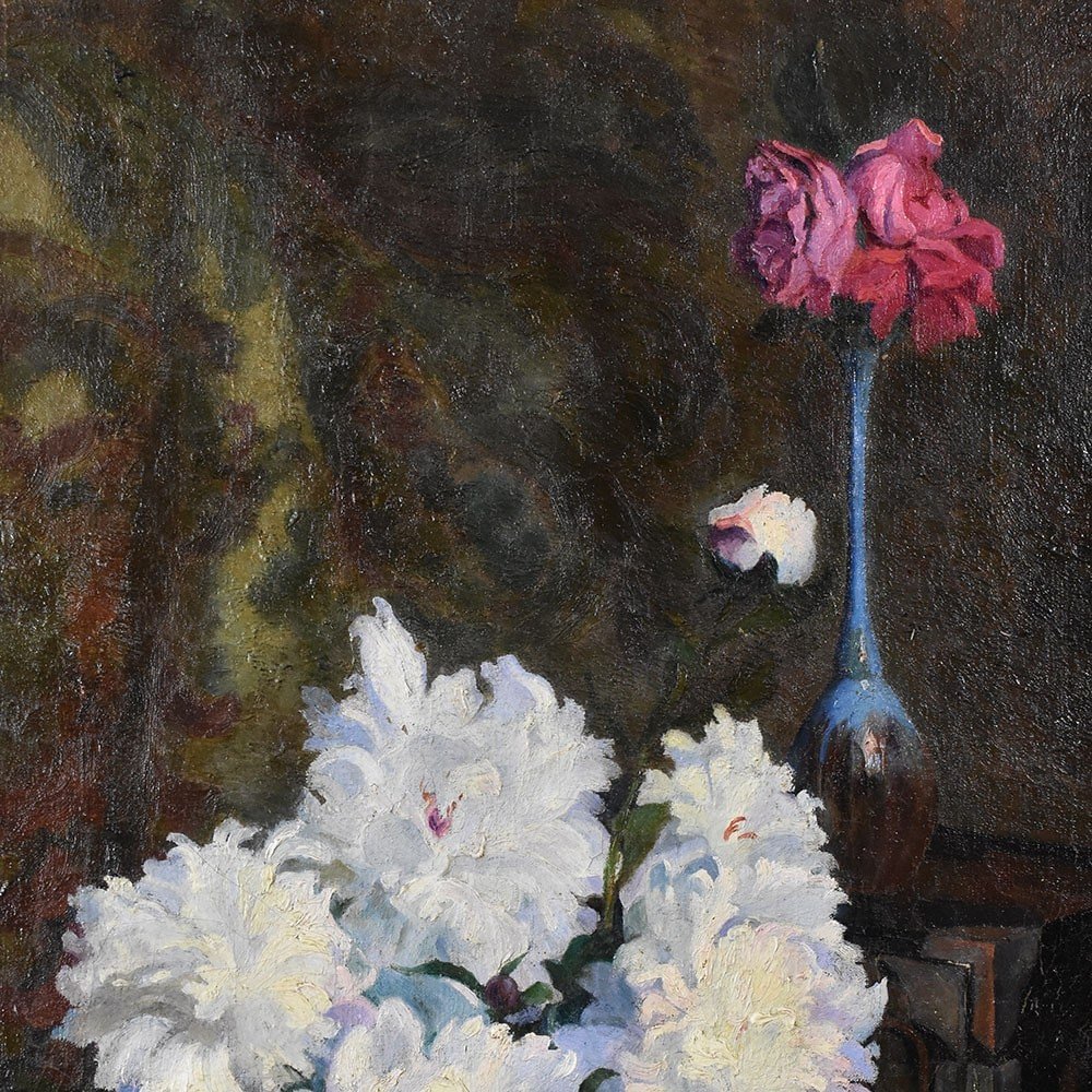 Antique Painting With Flowers, Art Deco, White Peonies, Still Life Oil Painting, XX . (qf619)-photo-4