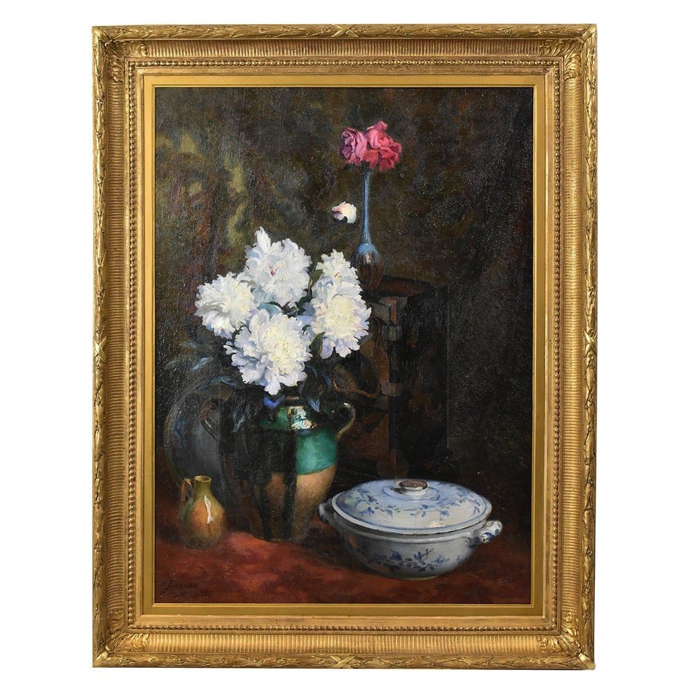 Antique Painting With Flowers, Art Deco, White Peonies, Still Life Oil Painting, XX . (qf619)